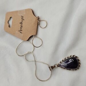 Teardrop Amethyst Natural Gemstone Pendant Necklace Silver Plated Chain Purple